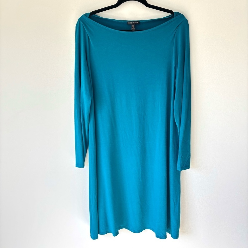 Eileen Fisher Teal Blue Long Sleeve Jersey Knit Mini Dress Boat Neck Flowy Tunic